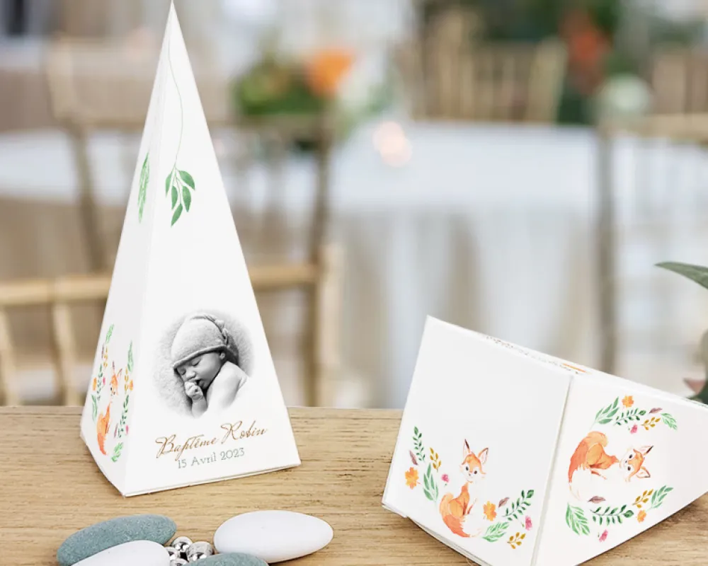 Boîtes à dragées personnalisées avec dragées chocolat et amandes - Renard|Cadeaux.com Discount