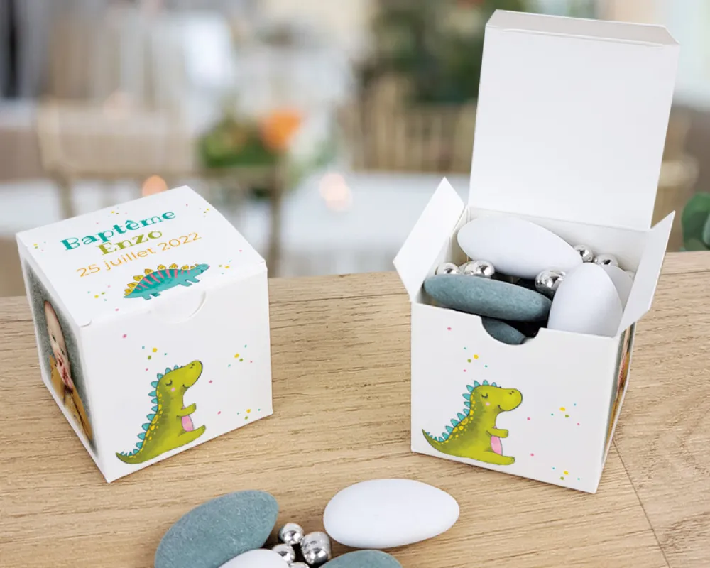 Boîtes à dragées personnalisées avec dragées chocolat et amandes - Dinosaure|Cadeaux.com Discount