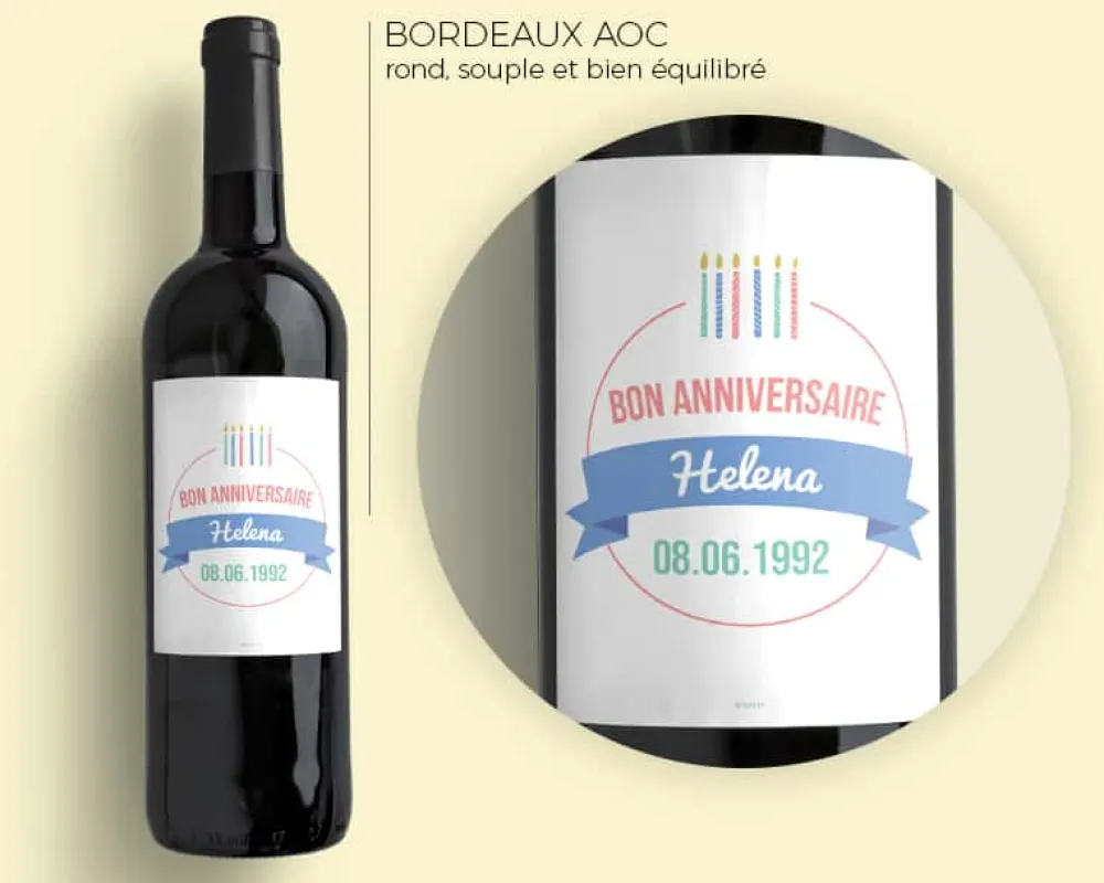 Bouteille de vin de Bordeaux personnalisée anniversaire - Bougies Bleu|Cadeaux.com New