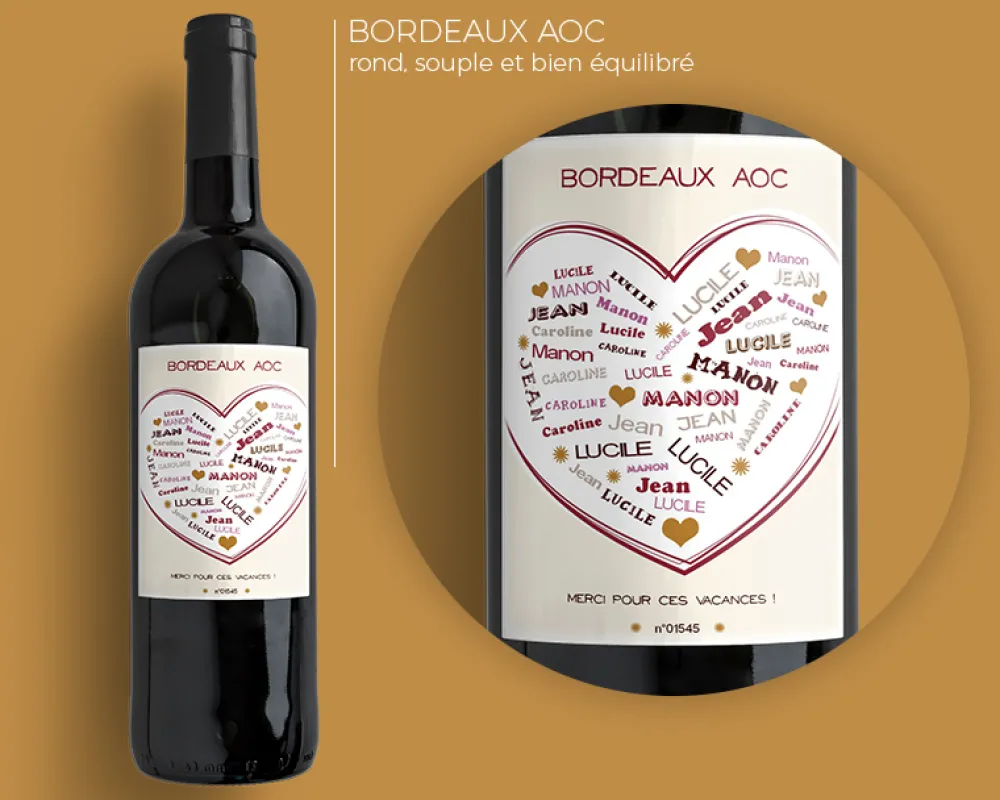 Bouteille de vin de Bordeaux personnalisée prénoms - Coeur Famille|Cadeaux.com