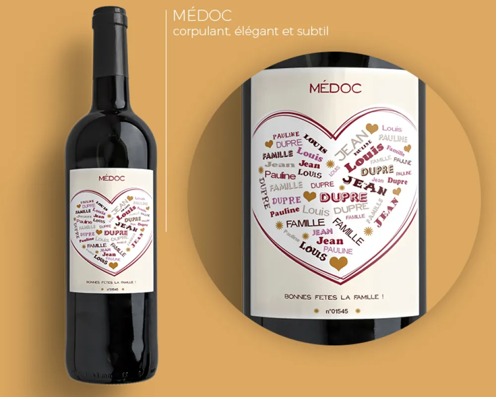 Bouteille de vin de Bordeaux personnalisée prénoms - Coeur Famille|Cadeaux.com