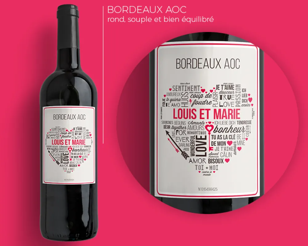 Bouteille de vin de Bordeaux personnalisée couple - Mots d'Amour|Cadeaux.com Outlet