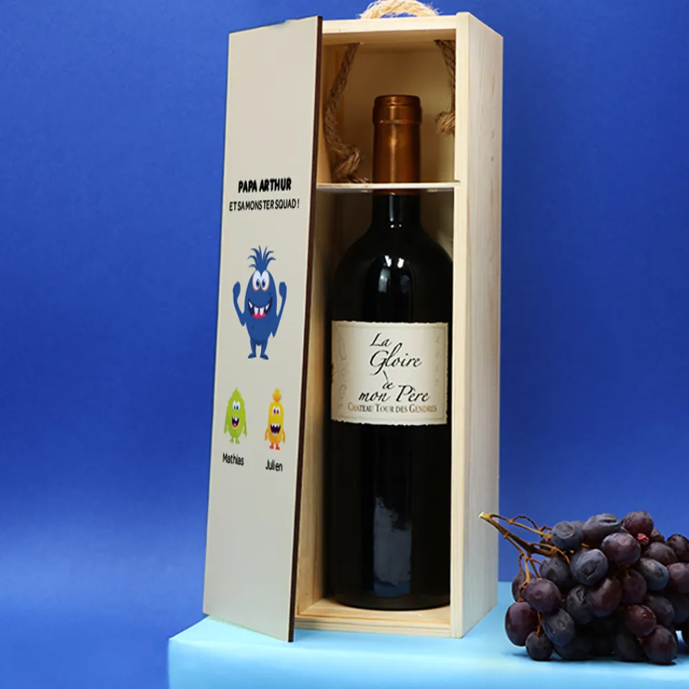 Bouteille et caisse à vin personnalisée - Famille Monstres|Cadeaux.com Outlet