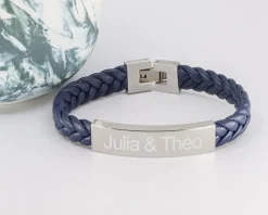 Bracelet gravé Homme en Acier et Cuir Tressé|Cadeaux.com New