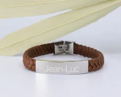 Bracelet gravé Homme en Acier et Cuir Tressé|Cadeaux.com New