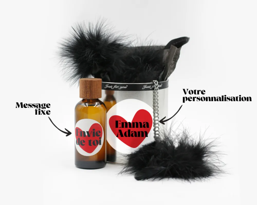 Coffret coquin personnalisé - Huile de massage et menottes|Cadeaux.com Outlet