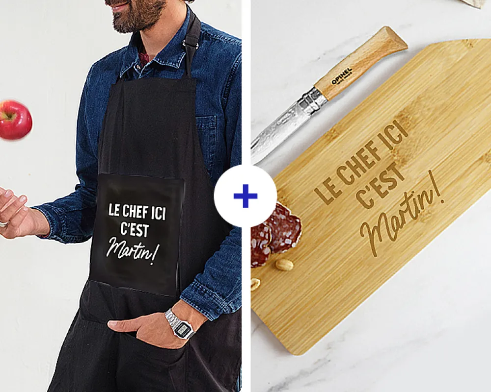 Coffret cuisine - Tablier noir et planche apéro personnalisés|Cadeaux.com Hot