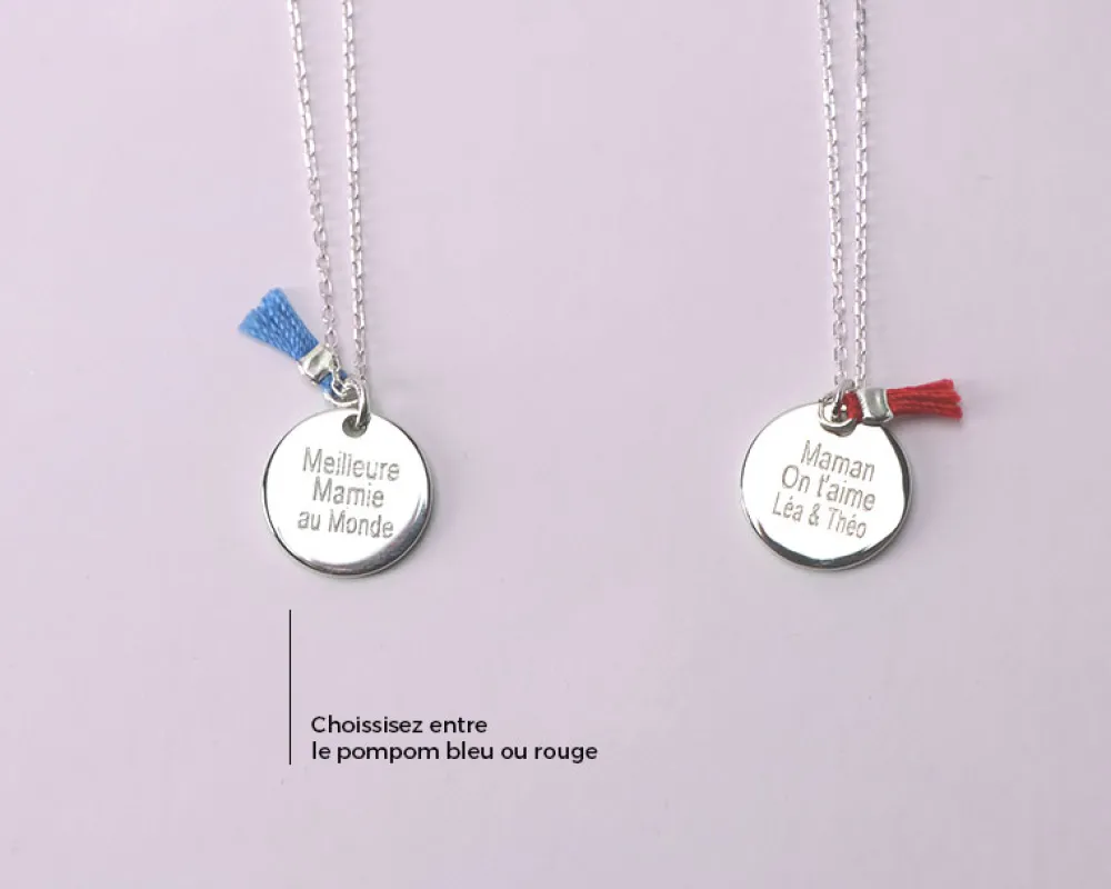 Collier médaille argent véritable - Pompon rouge ou bleu|Cadeaux.com Sale