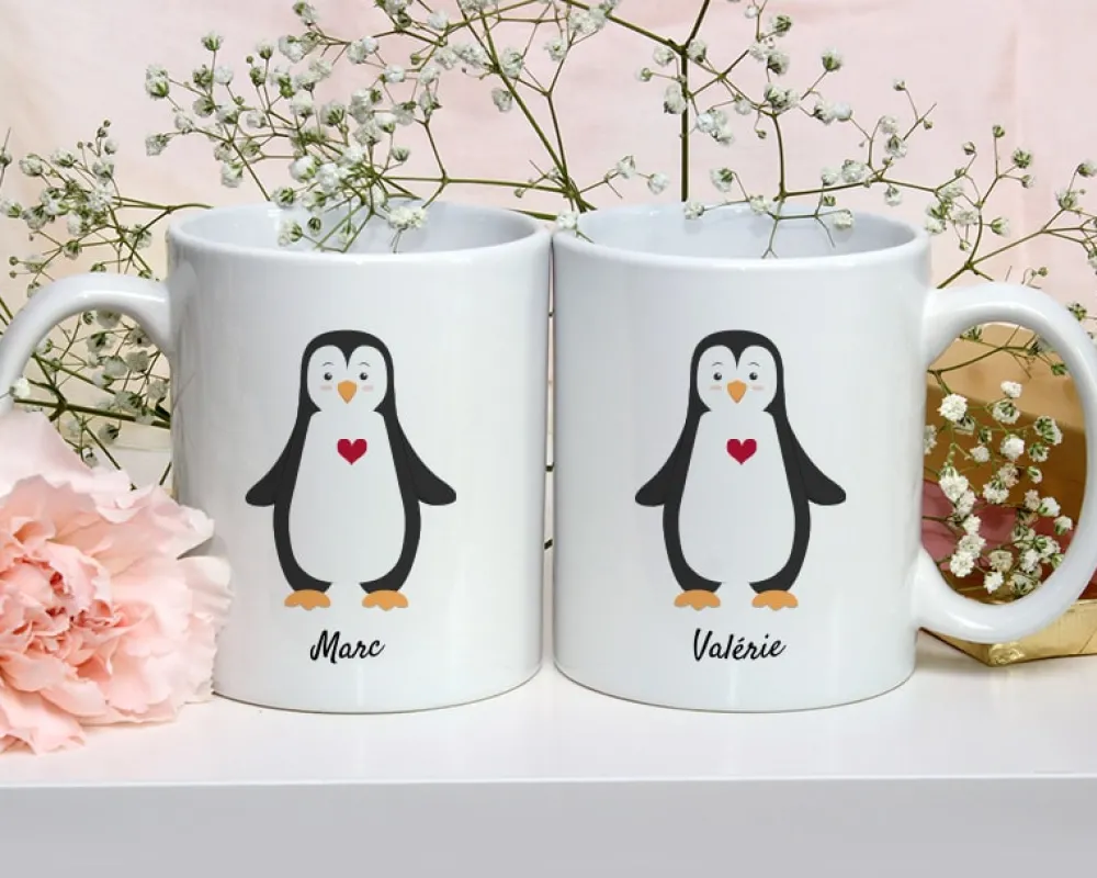 Duo de mugs personnalisés prénoms couple - Pingouins|Cadeaux.com Hot
