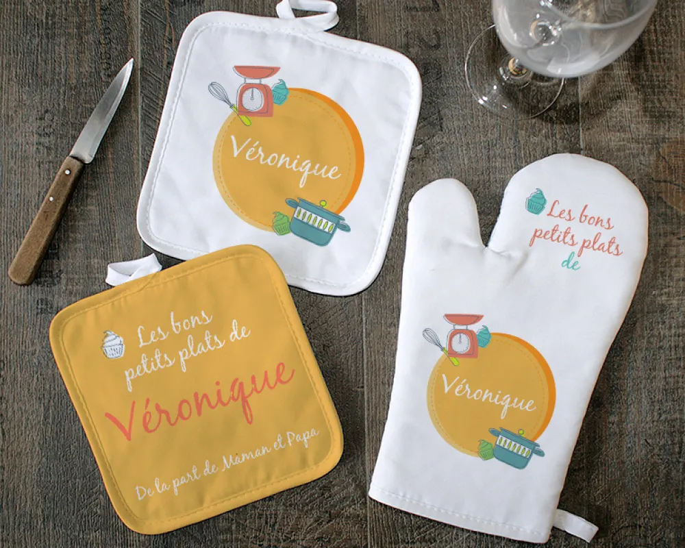 Kit Cuisine- Gant, Maniques et Tablier Personnalisables - Bon petit Plat|Cadeaux.com New