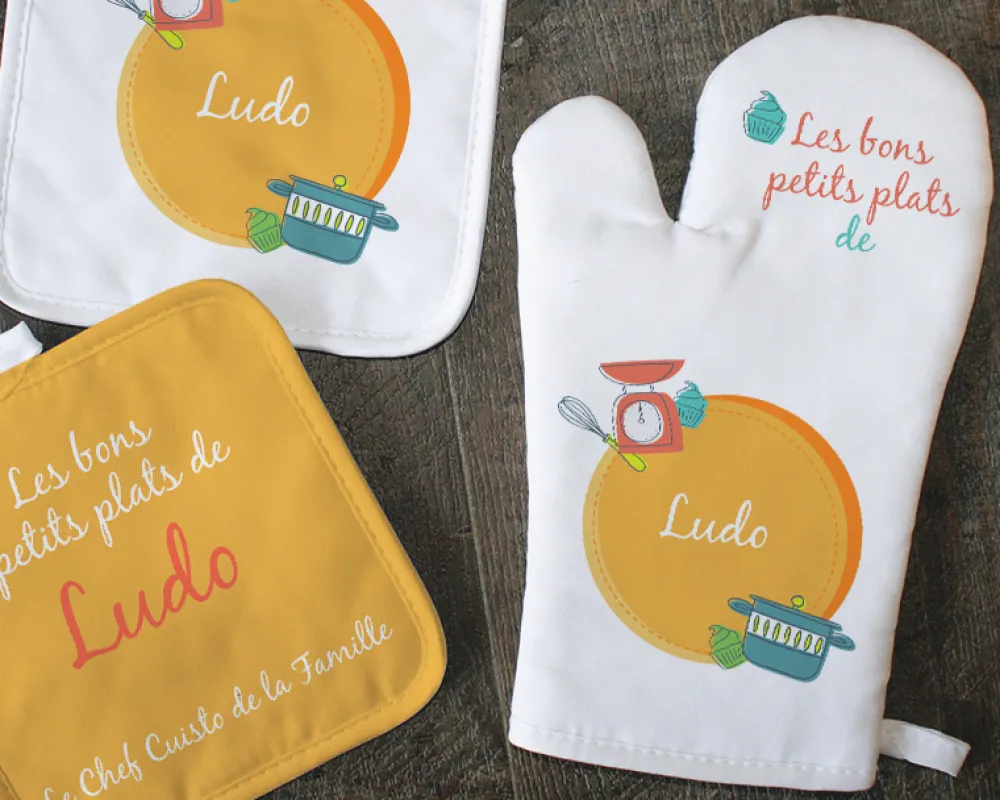 Kit Cuisine- Gant, Maniques et Tablier Personnalisables - Bon petit Plat|Cadeaux.com New