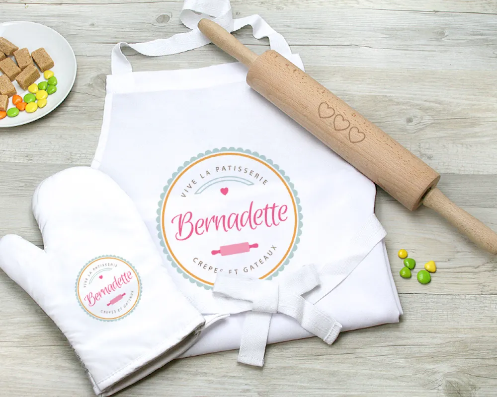 Kit pâtisserie - Rouleau à pâtisserie, gant de cuisine et tablier personnalisables|Cadeaux.com