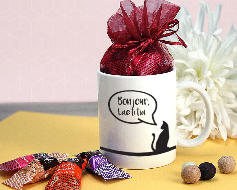 Mug personnalisé prénom - Mon petit chat - Avec chocolats Monbana|Cadeaux.com