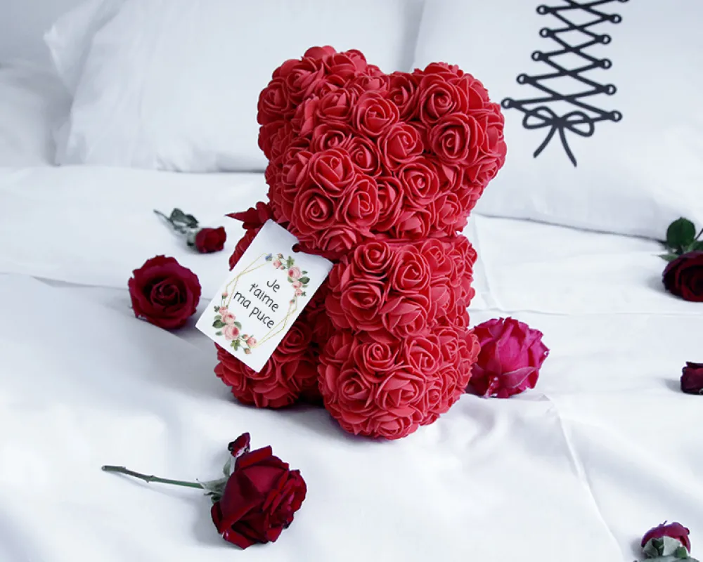 Ours en roses avec carte personnalisée - Message|Cadeaux.com Online