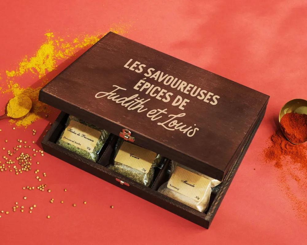 Petit coffret d'épices gravé Message - 9 épices du monde|Cadeaux.com Clearance