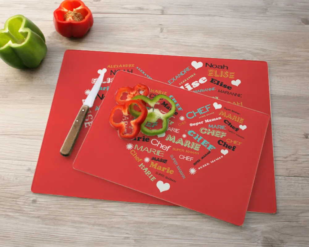 Planche à découper en verre personnalisée - Coeur Famille|Cadeaux.com New