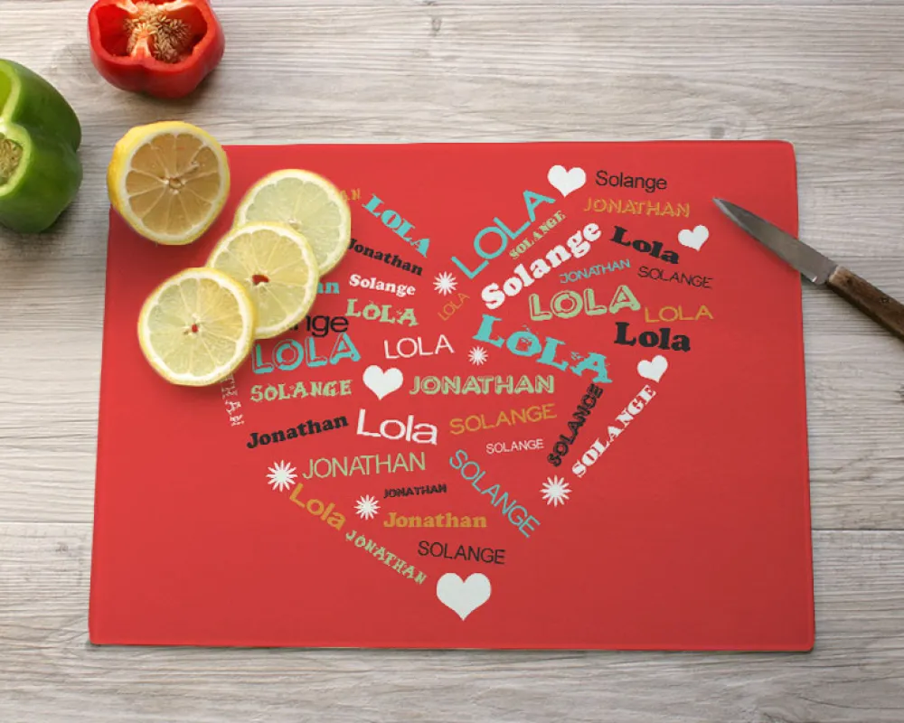 Planche à découper en verre personnalisée - Coeur Famille|Cadeaux.com New